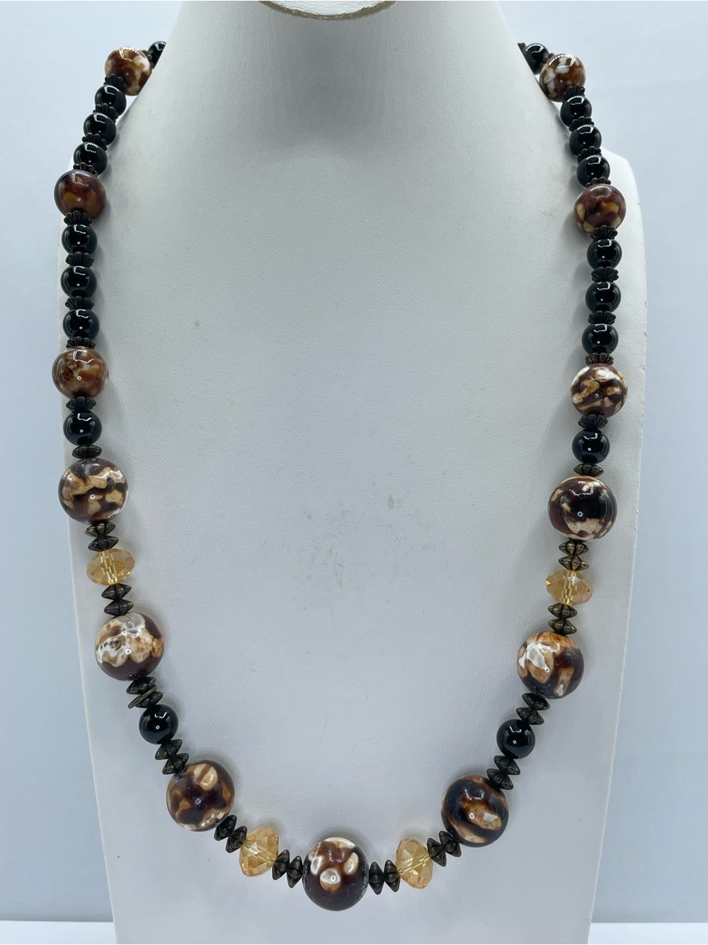 Agate Crystal Glass Beaded Necklace Vintage Gold Tone Toggle Statement Boho